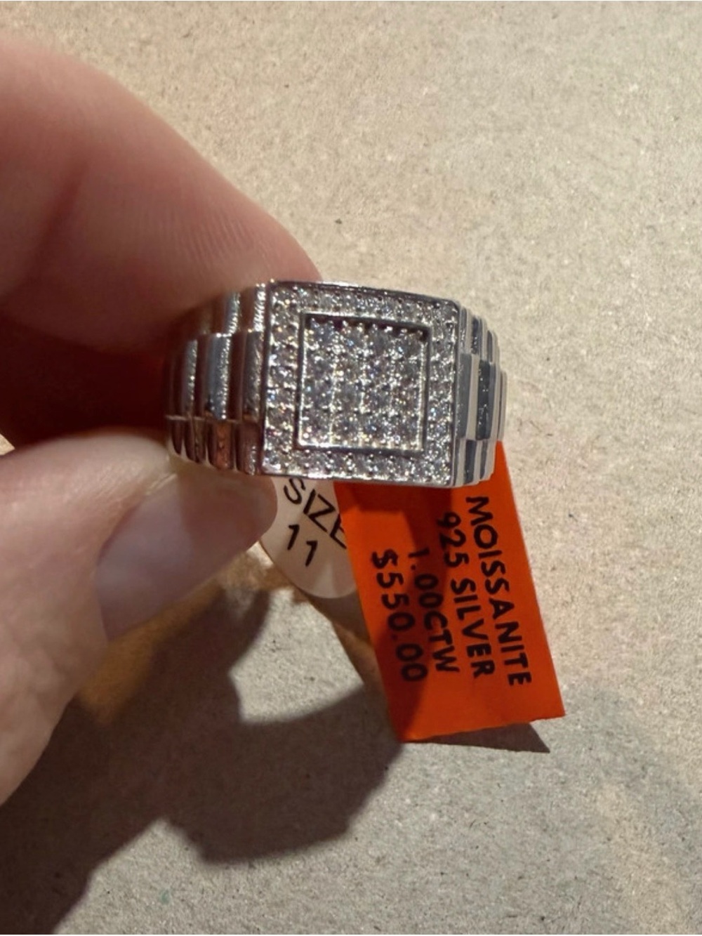 Sterling Silver Moissanite Men's Square Cocktail Ring - Silver